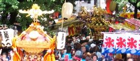 屋台を押しのけるように参道を神輿たちが進む。07.05.27.