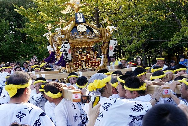 激しい神輿揉みする千葉県勝浦の八坂会。'13.10.13.
