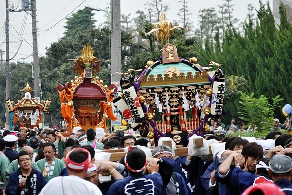 早稲田公園外周を神輿三基揃っての巡行。'11.11.03.