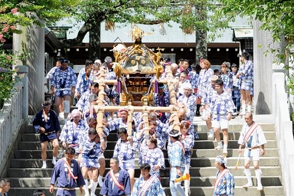 急勾配の石段降りする宮川町会神輿。'12.08.19.