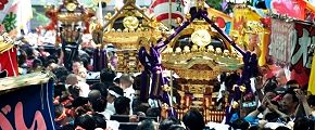 鳥居から明治通りへ宮出し。'13.05.26.