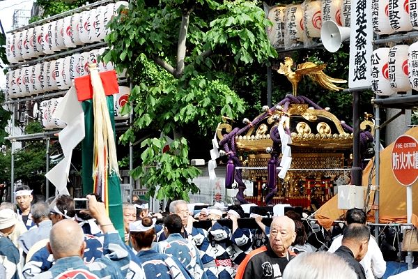 参道鳥居下から担ぎ出される宮神輿。'13.05.19.
