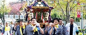 日立国際で神輿揉みご挨拶。'13.04.14.