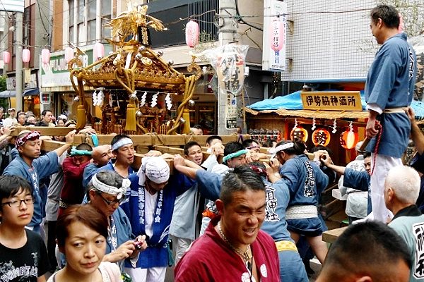 お神酒所前で神輿揉み。'13.09.08.