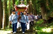 杉林の参道を二天棒で担ぐ。09.04.19.
