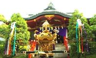 早朝の本殿前で静かに佇む宮神輿。08.08.03.