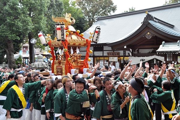 本殿前での渡御挨拶の神輿揉み。'11.10.23.