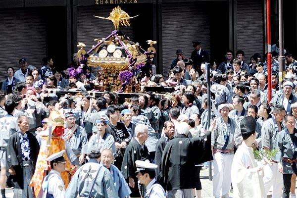 本郷通りに出てきた桔梗紋の神輿。'12.05.13.