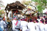 山車の囃子に何度も何度も神輿揉みを繰り替えす。08.04.13.