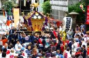 鳥居を潜り出て神社前で宮神輿を激しく揉む氏子青年会。08.05.05.