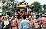 日章旗掲げた鳥居前からの渡御。'11.11.03.