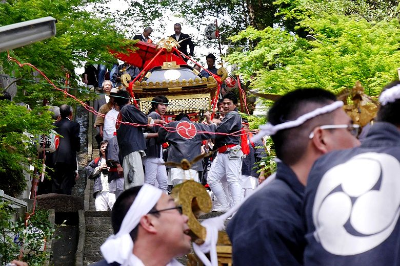 赤神輿の石段降り。'15.04.29.