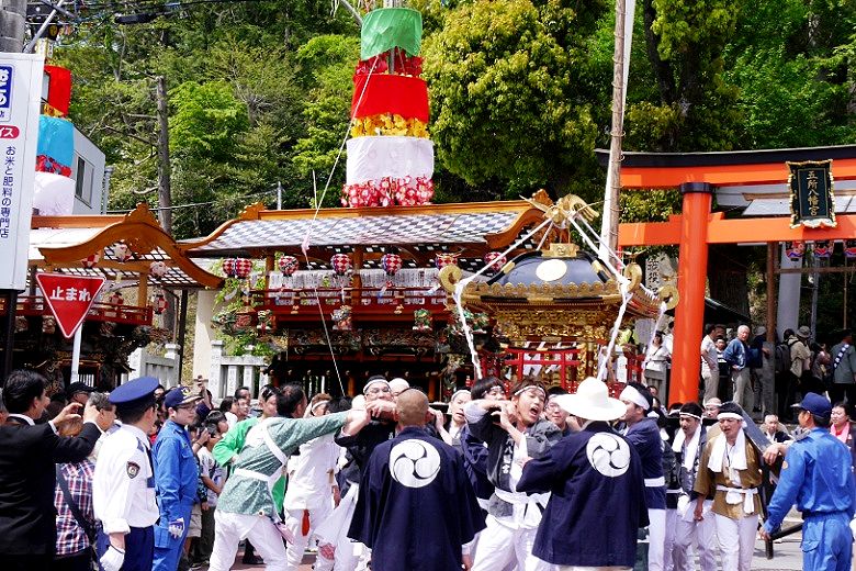 鳥居前でのご挨拶の神輿揉み。'15.04.29.